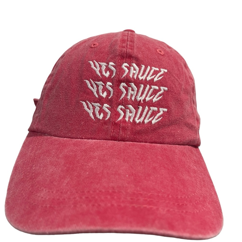 YES SAUCE pink red baseball hey cap adjustable buckle strap in back - Picture 2 of 9